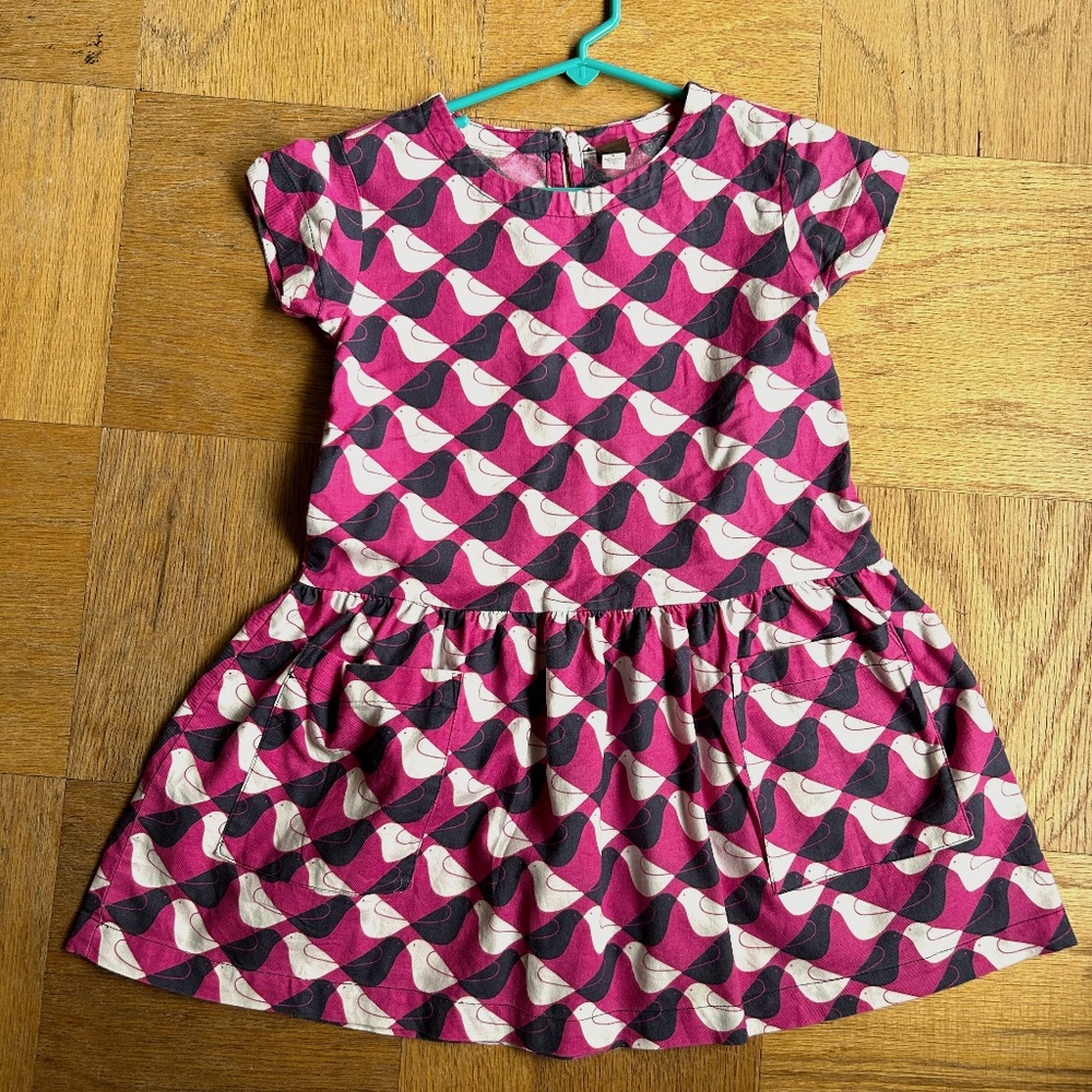 Girls Size 6 Tea brand pink, blue, white bird design dress